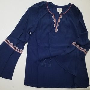 Blouse - Navy with Pink and White Embroider